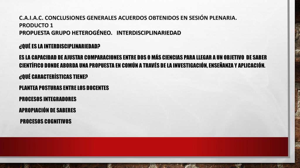 C.A.I.A.C. CONCLUSIONES GENERALES ACUERDOS OBTENIDOS EN SESIÓN PLENARIA. PRODUCTO 1 PROPUESTA GRUPO HETEROGÉNEO. INTERDISCIPLINARIEDAD
