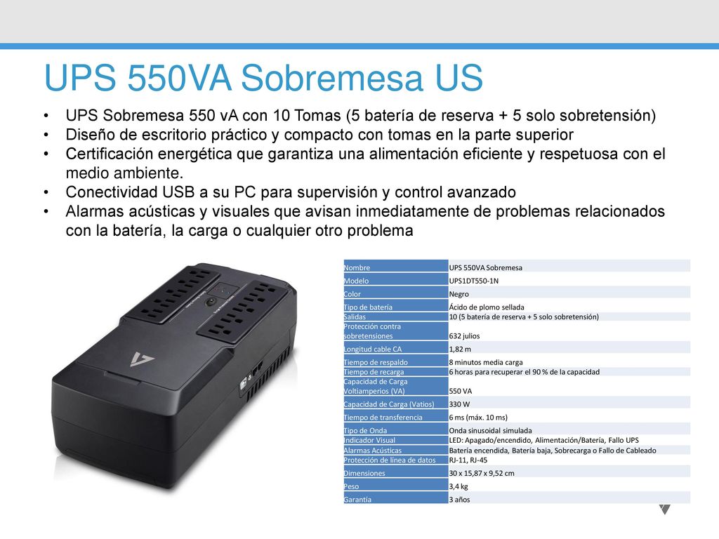 UPS 550VA Sobremesa US UPS Sobremesa 550 vA con 10 Tomas (5 batería de reserva + 5 solo sobretensión)