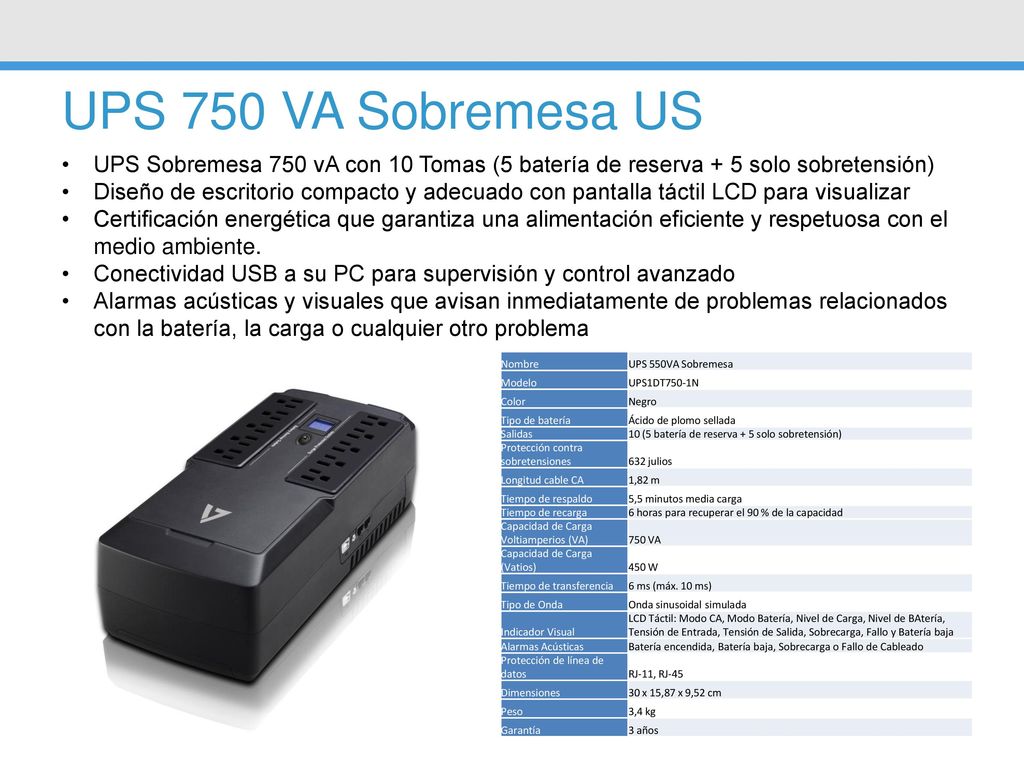 UPS 750 VA Sobremesa US UPS Sobremesa 750 vA con 10 Tomas (5 batería de reserva + 5 solo sobretensión)