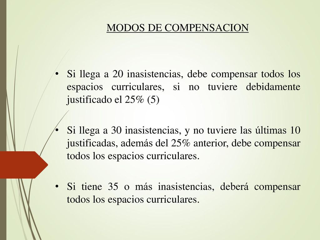 MODOS DE COMPENSACION Si llega a 20 inasistencias, debe compensar todos los espacios curriculares, si no tuviere debidamente justificado el 25% (5)