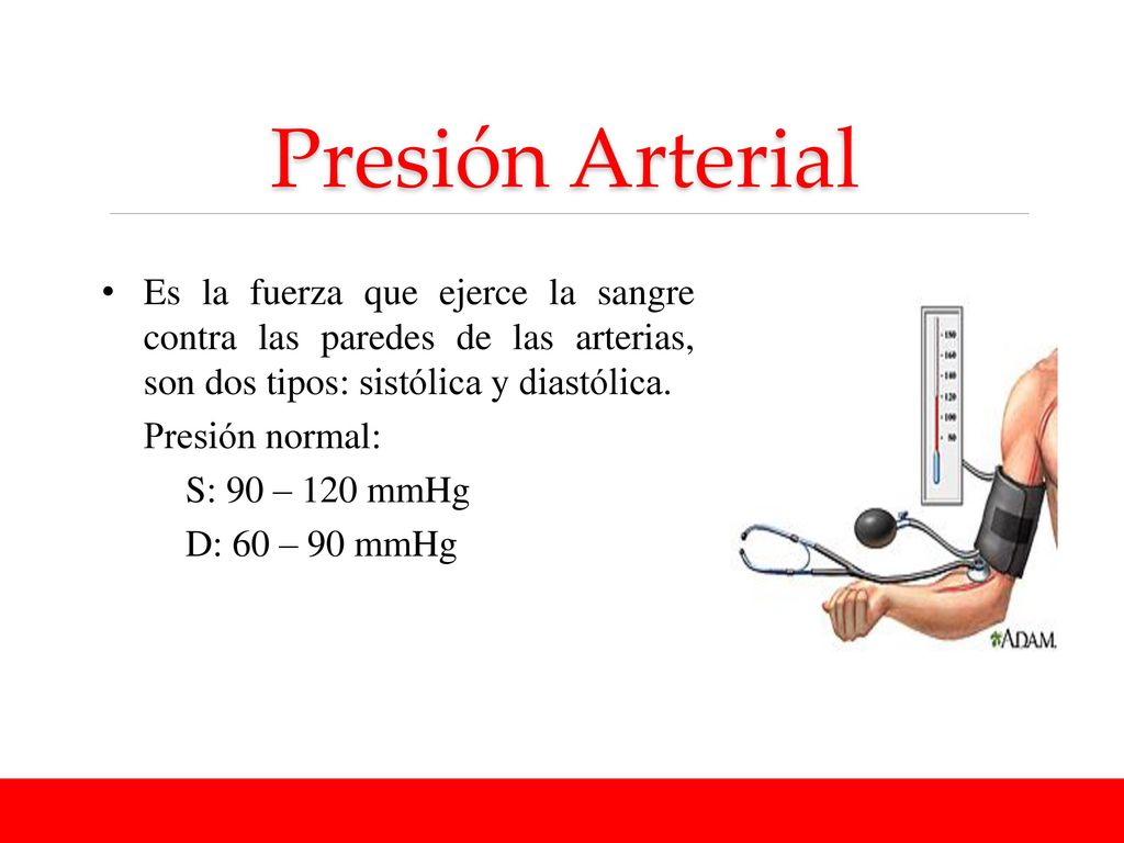 Presión Arterial Es la fuerza que ejerce la sangre contra las paredes de las arterias, son dos tipos: sistólica y diastólica.