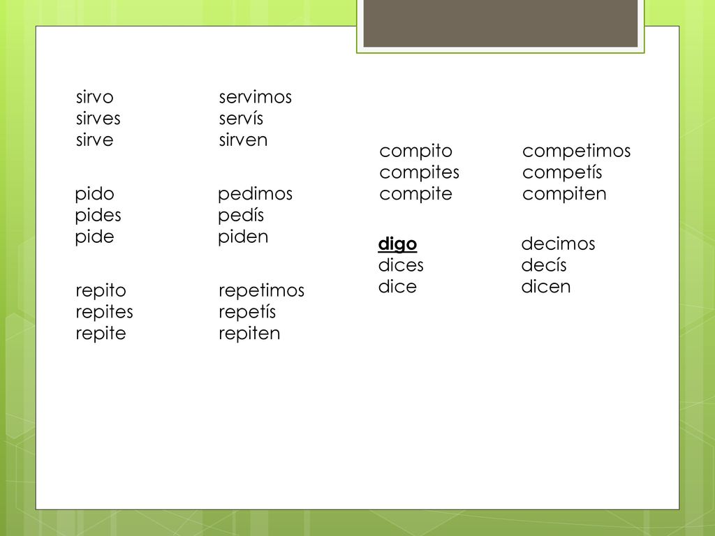 sirvo servimos sirves servís. sirve sirven. compito competimos. compites competís. compite compiten.