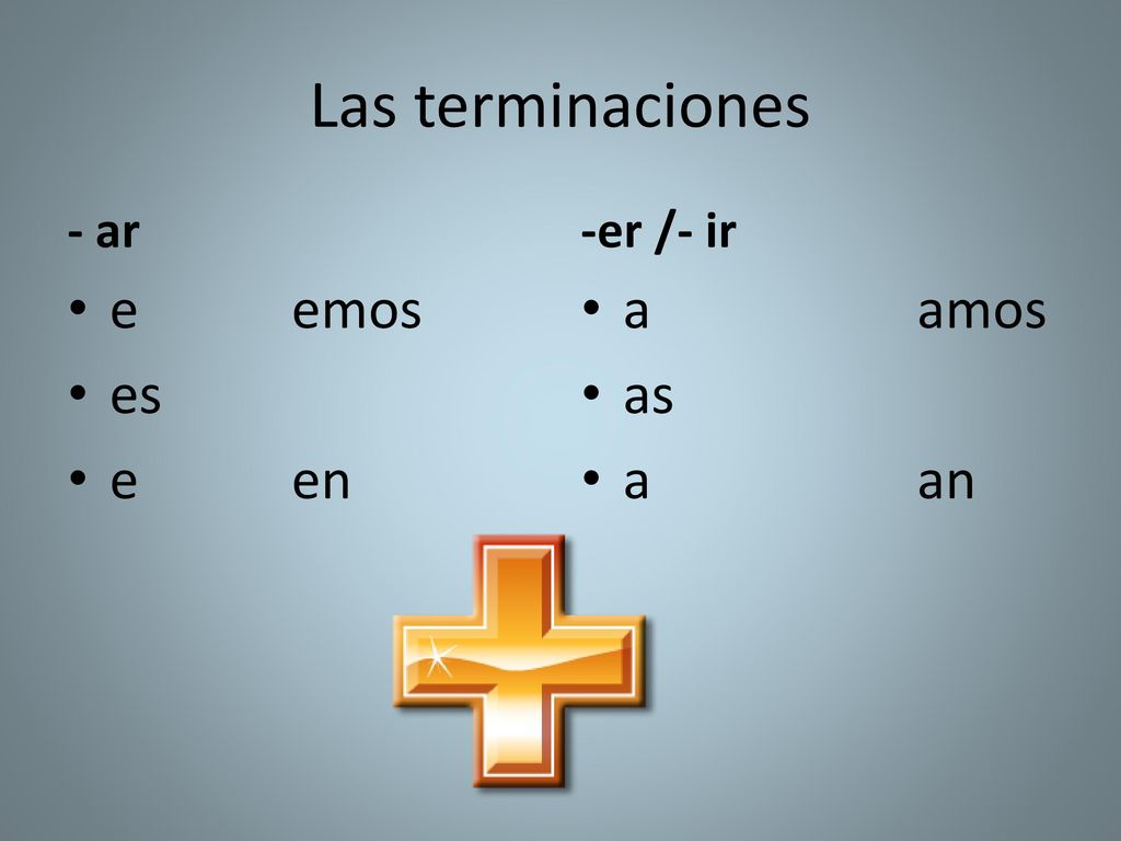 Las terminaciones - ar -er /- ir e emos es e en a amos as a an