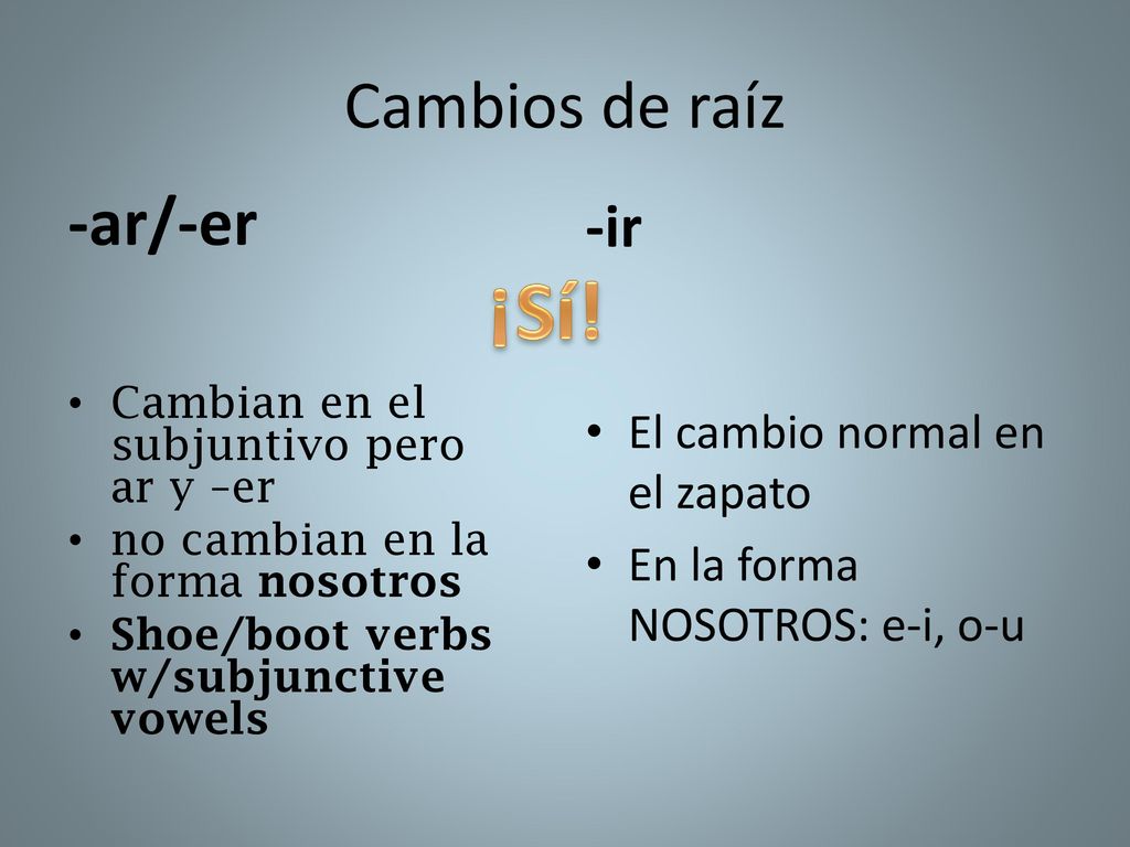 ¡Sí! Cambios de raíz -ar/-er -ir El cambio normal en el zapato