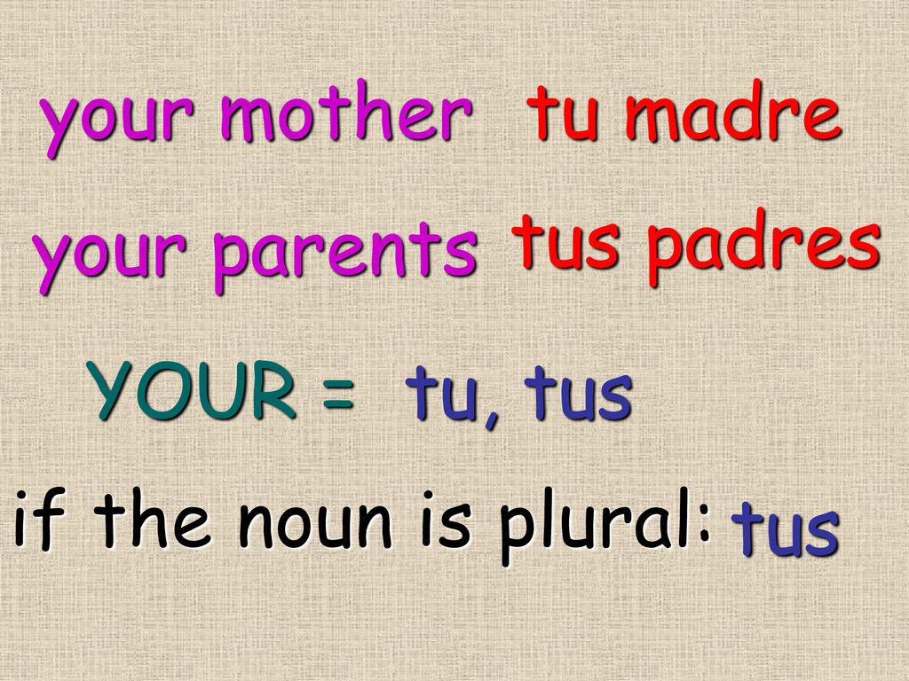 your mother tu madre tus padres your parents YOUR = tu, tus if the noun is plural: tus