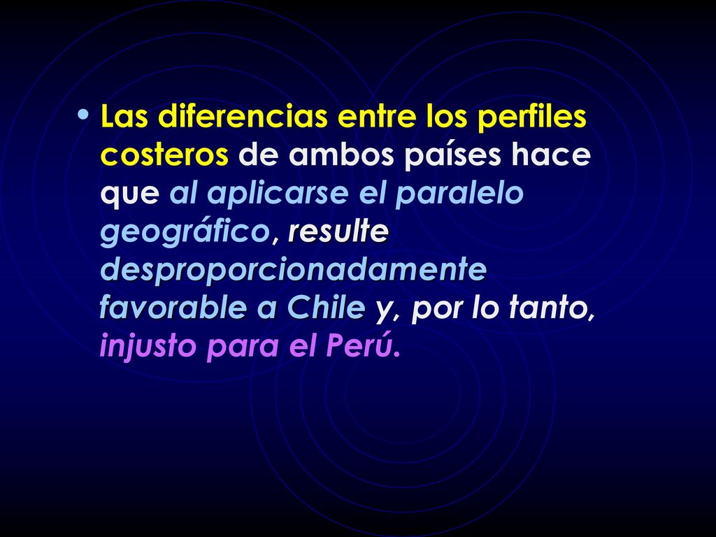 Las diferencias entre los perfiles costeros de ambos países hace que al aplicarse el paralelo geográfico, resulte desproporcionadamente favorable a Chile y, por lo tanto, injusto para el Perú.