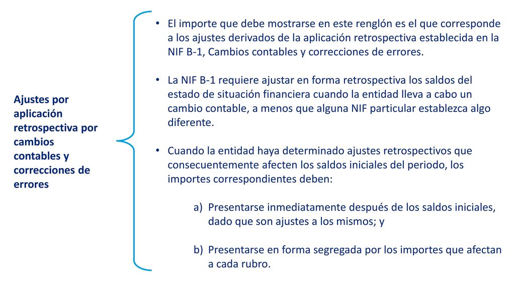 El importe que debe mostrarse en este renglón es el que corresponde a los ajustes derivados de la aplicación retrospectiva establecida en la NIF B-1, Cambios contables y correcciones de errores.
