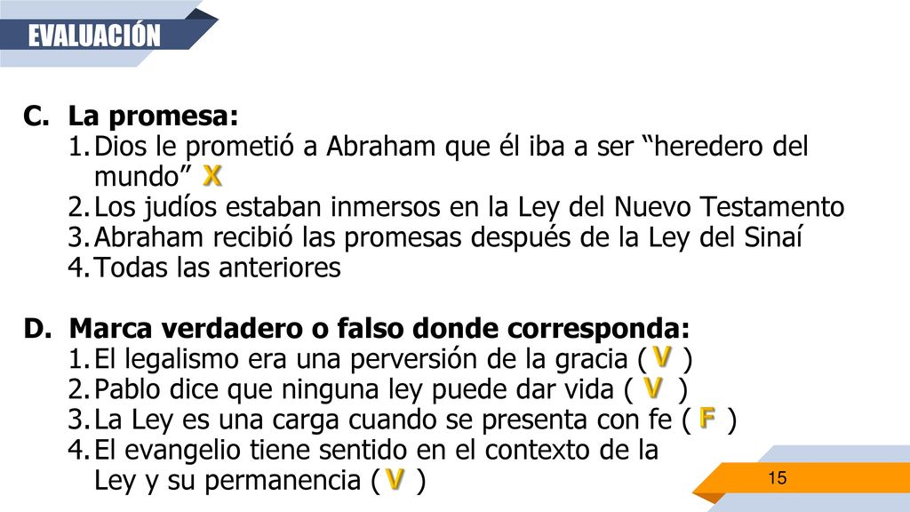 EVALUACIÓN La promesa: Dios le prometió a Abraham que él iba a ser heredero del mundo Los judíos estaban inmersos en la Ley del Nuevo Testamento.