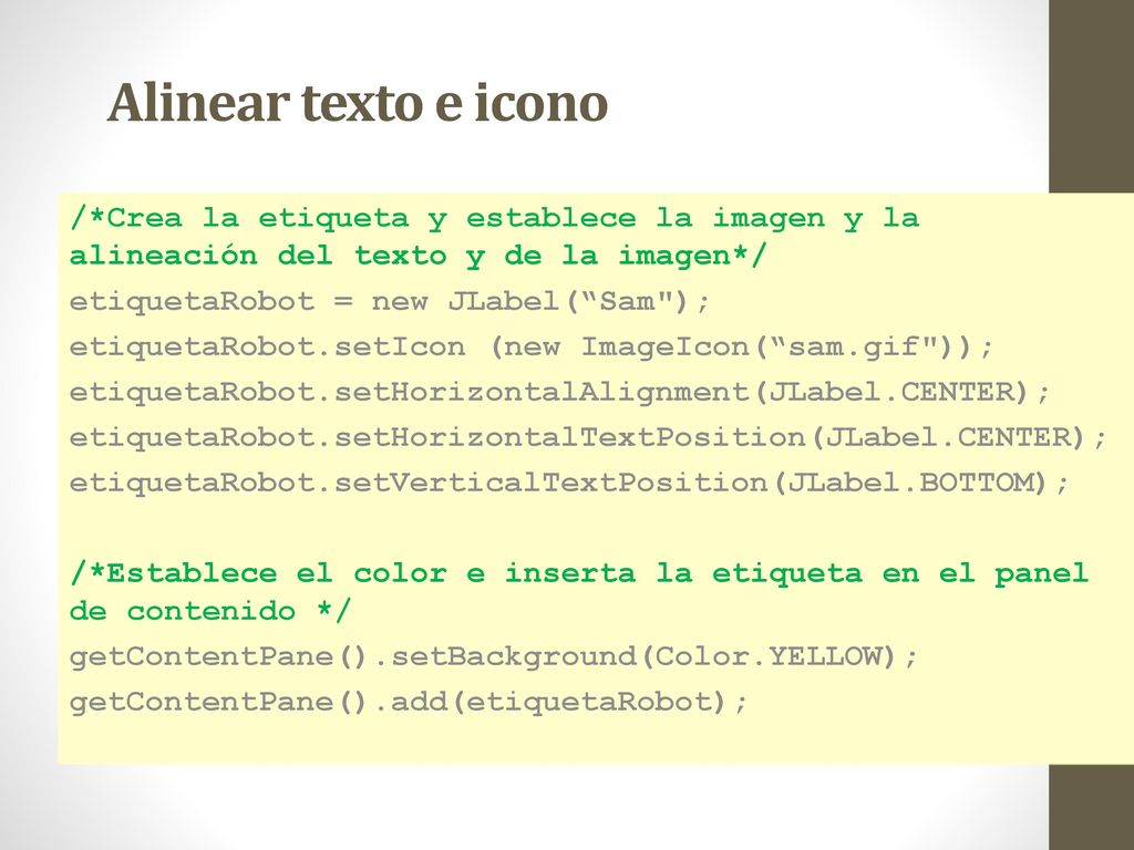 Alinear texto e icono /*Crea la etiqueta y establece la imagen y la alineación del texto y de la imagen*/