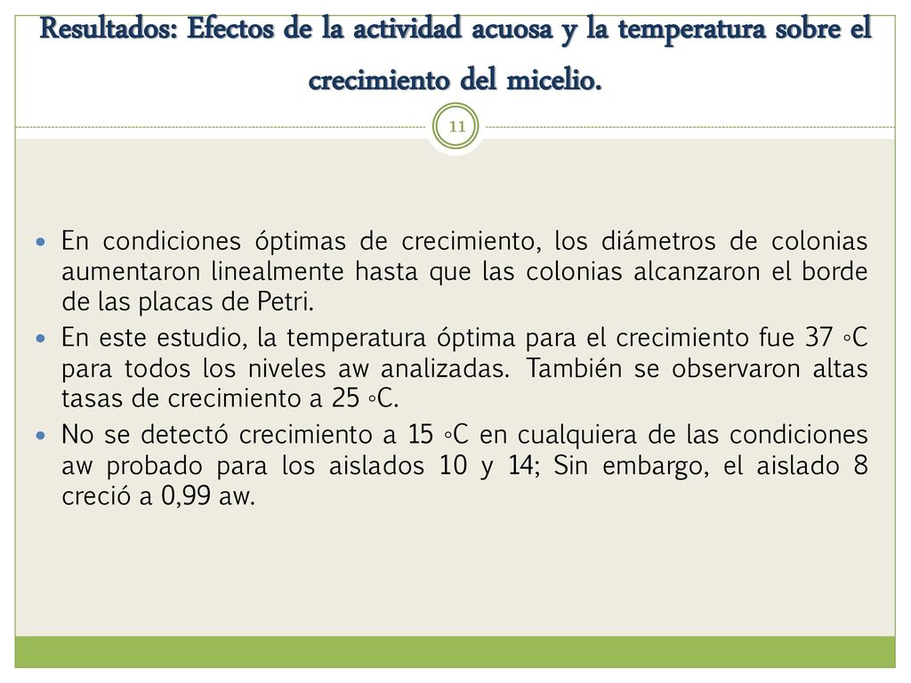 Resultados: Efectos de la actividad acuosa y la temperatura sobre el crecimiento del micelio.