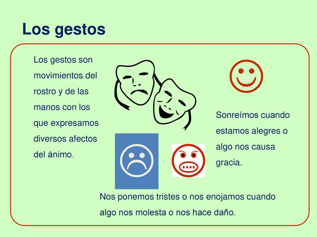 Los gestos  Los gestos son movimientos del rostro y de las manos con los que expresamos diversos afectos del ánimo.