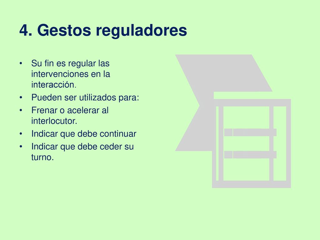 4. Gestos reguladores Su fin es regular las intervenciones en la interacción. Pueden ser utilizados para: