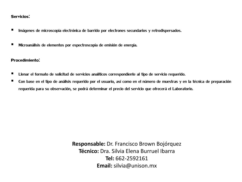 Servicios: Imágenes de microscopía electrónica de barrido por electrones secundarios y retrodispersados.