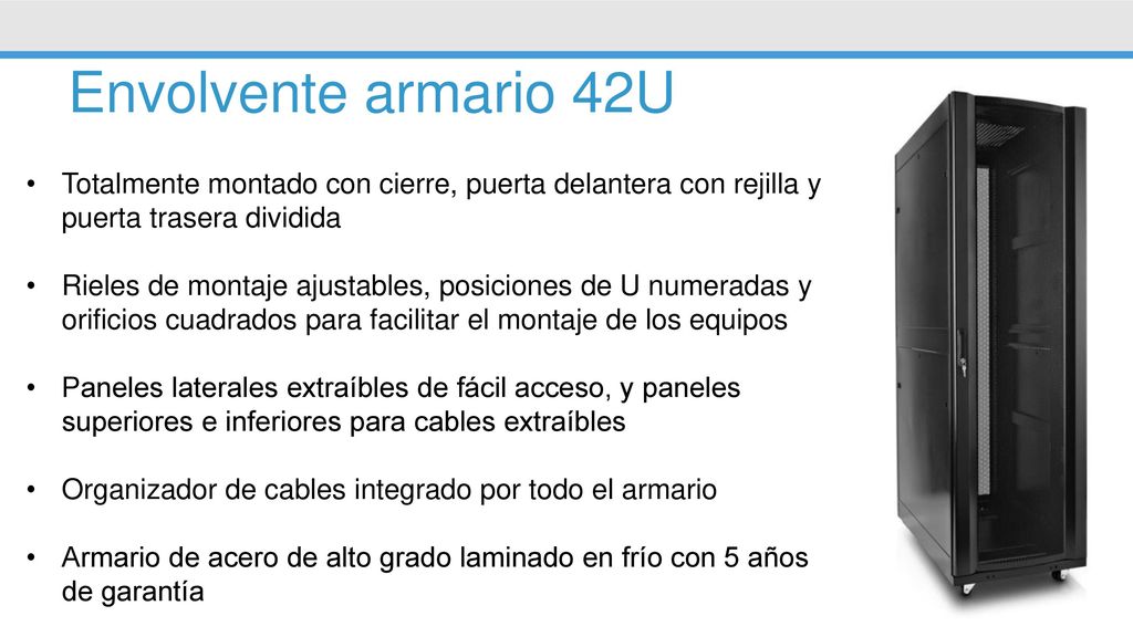 Envolvente armario 42U Totalmente montado con cierre, puerta delantera con rejilla y puerta trasera dividida.