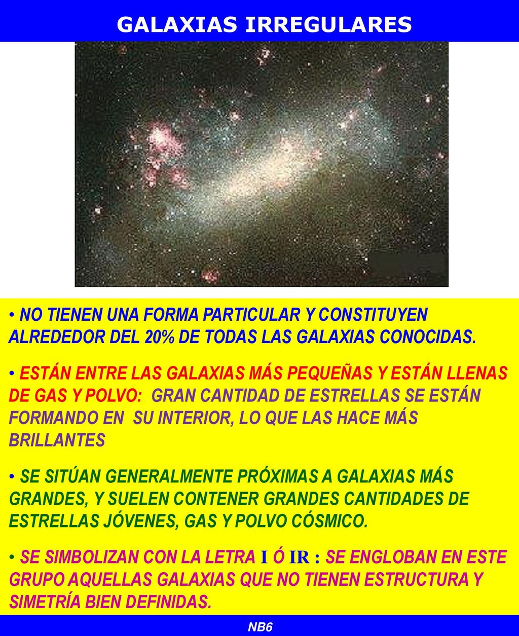 GALAXIAS IRREGULARES no tienen una forma particular Y CONSTITUYEN ALREDEDOR DEL 20% DE TODAS LAS GALAXIAS CONOCIDAS.
