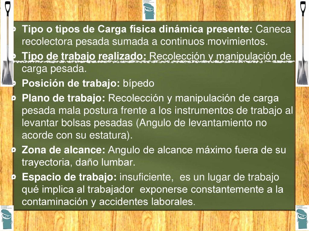 Tipo o tipos de Carga física dinámica presente: Caneca recolectora pesada sumada a continuos movimientos.