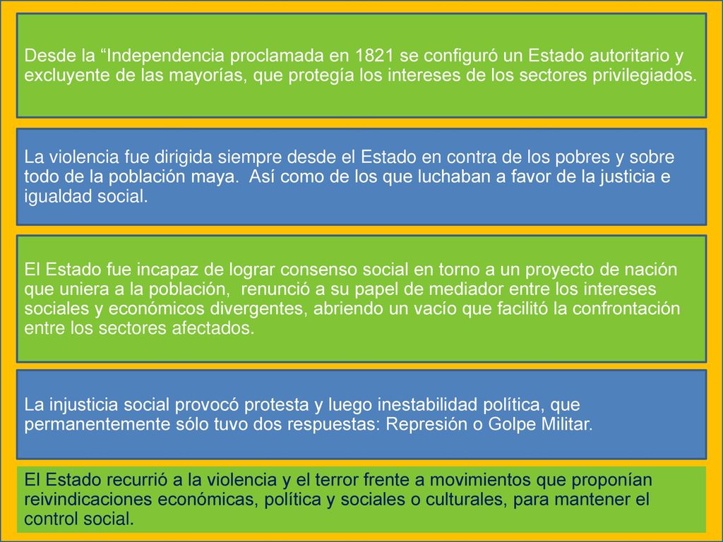 Desde la Independencia proclamada en 1821 se configuró un Estado autoritario y excluyente de las mayorías, que protegía los intereses de los sectores privilegiados.