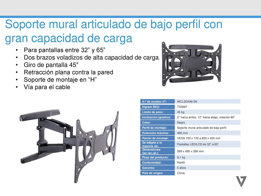 Soporte mural articulado de bajo perfil con gran capacidad de carga