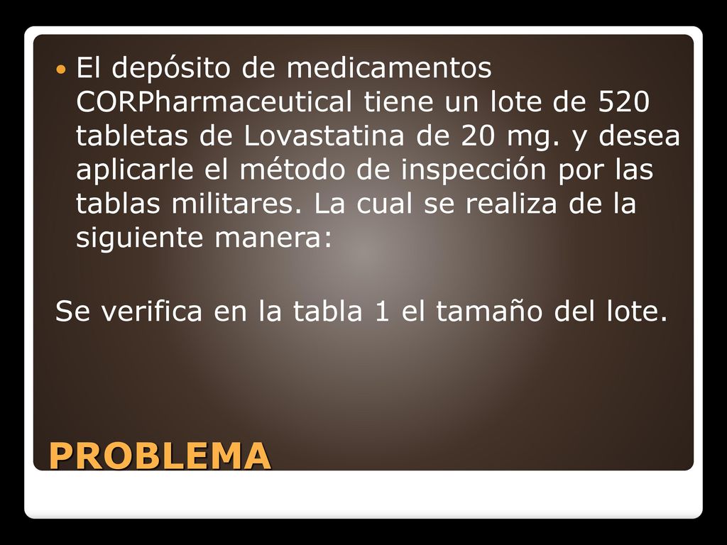El depósito de medicamentos CORPharmaceutical tiene un lote de 520 tabletas de Lovastatina de 20 mg. y desea aplicarle el método de inspección por las tablas militares. La cual se realiza de la siguiente manera: