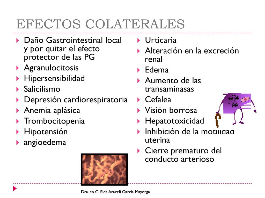 EFECTOS COLATERALES Daño Gastrointestinal local y por quitar el efecto protector de las PG. Agranulocitosis.