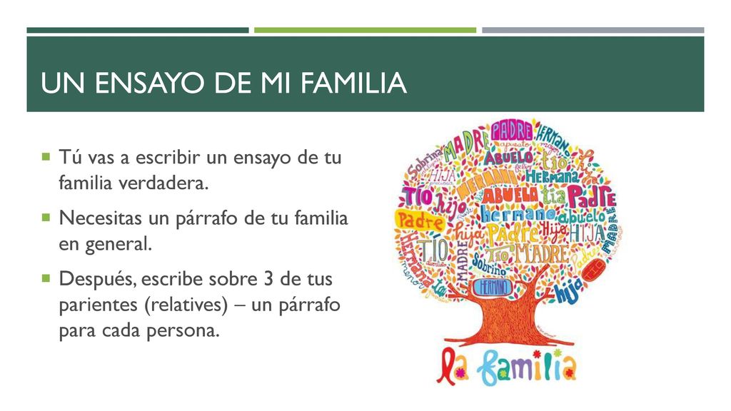 Un ensayo de mi familia Tú vas a escribir un ensayo de tu familia verdadera. Necesitas un párrafo de tu familia en general.