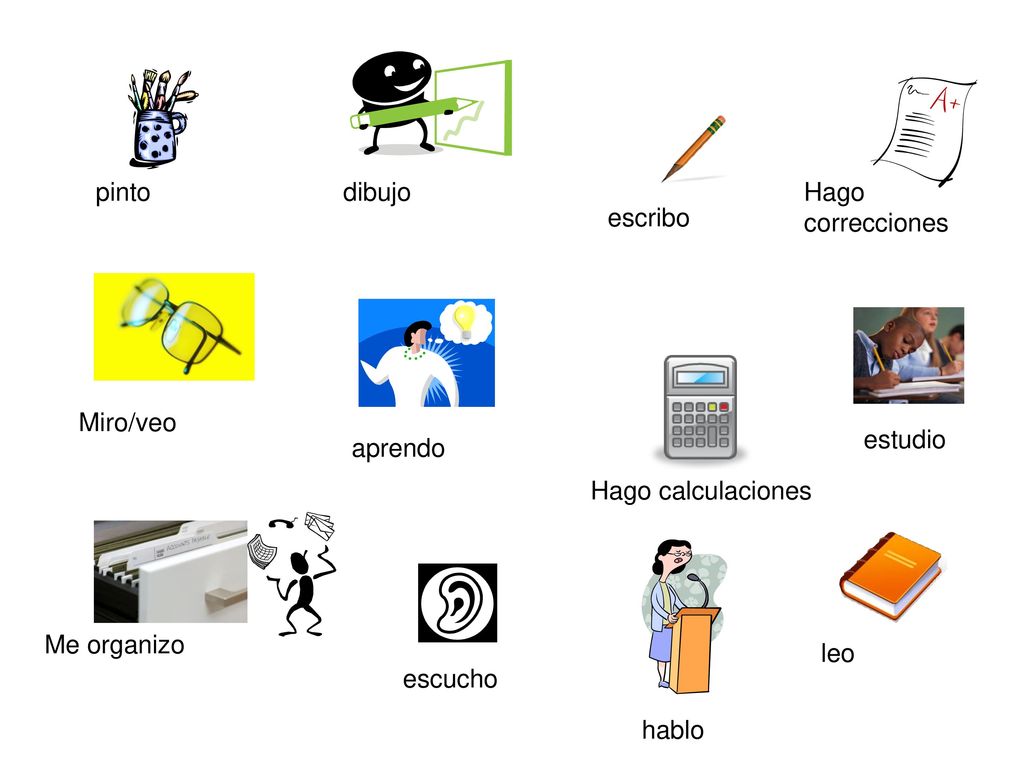 pinto dibujo. Hago correcciones. escribo. Miro/veo. estudio. aprendo. Hago calculaciones. Me organizo.