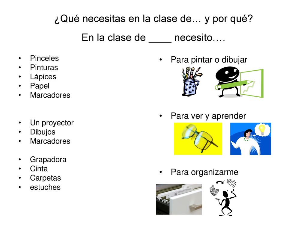 ¿Qué necesitas en la clase de… y por qué En la clase de ____ necesito….