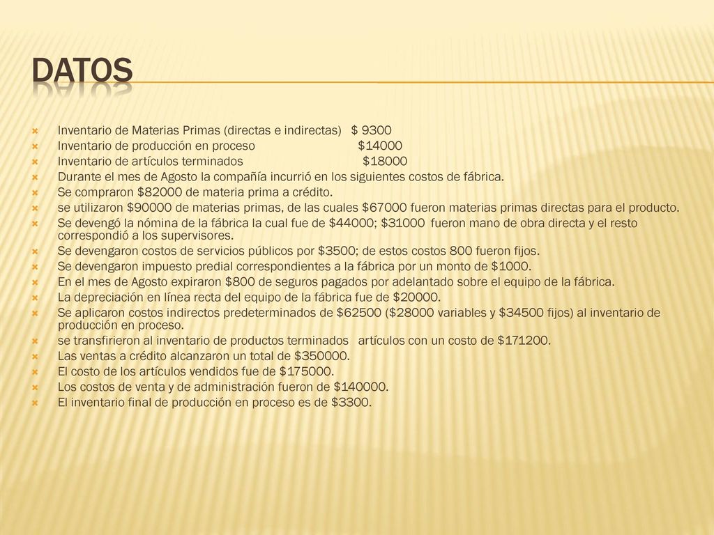 Datos Inventario de Materias Primas (directas e indirectas) $ 9300