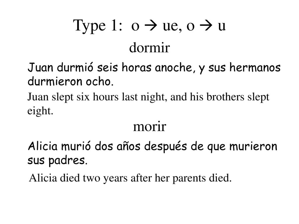 Type 1: o  ue, o  u dormir morir