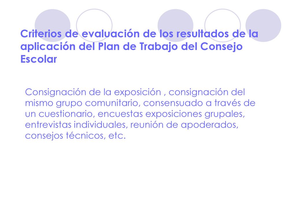 Criterios de evaluación de los resultados de la aplicación del Plan de Trabajo del Consejo Escolar