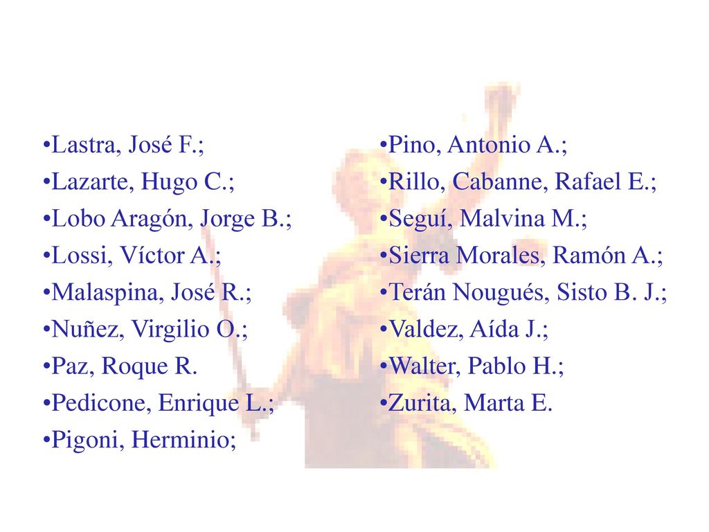 Lastra, José F.; Lazarte, Hugo C.; Lobo Aragón, Jorge B.; Lossi, Víctor A.; Malaspina, José R.; Nuñez, Virgilio O.;