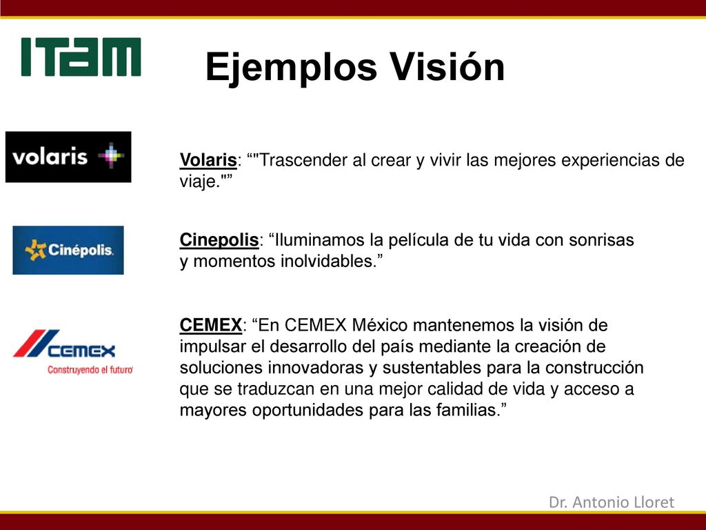 Ejemplos Visión Volaris: Trascender al crear y vivir las mejores experiencias de viaje.