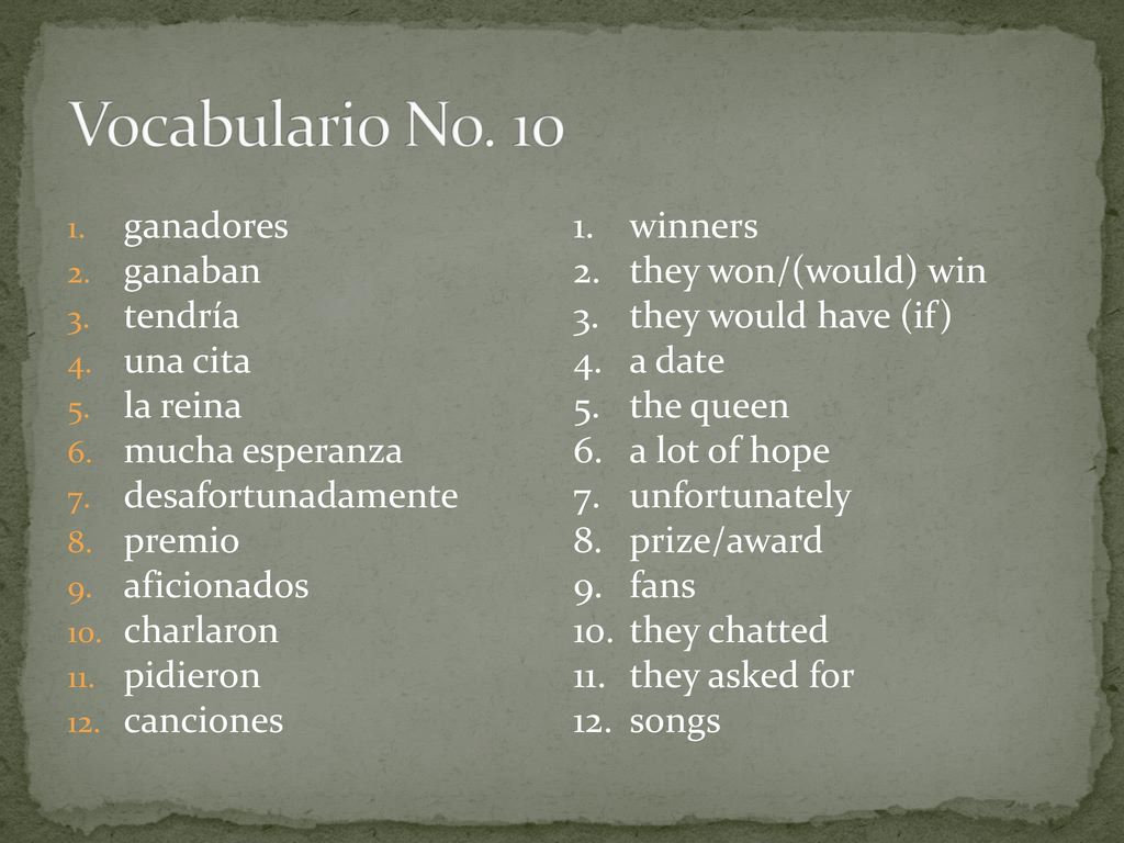 Vocabulario No. 10 ganadores ganaban tendría una cita la reina