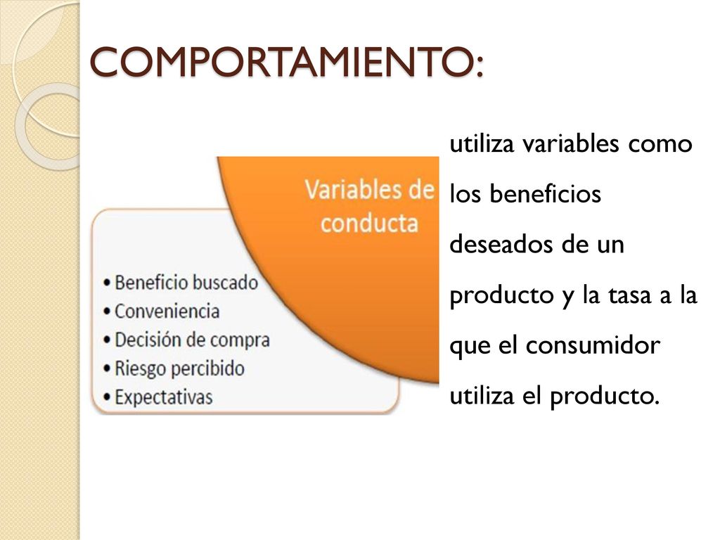 COMPORTAMIENTO: utiliza variables como los beneficios deseados de un producto y la tasa a la que el consumidor utiliza el producto.