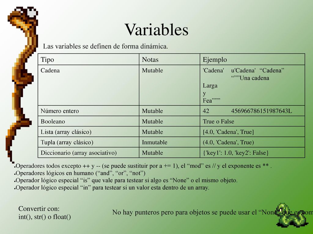 Variables Las variables se definen de forma dinámica. Tipo Notas