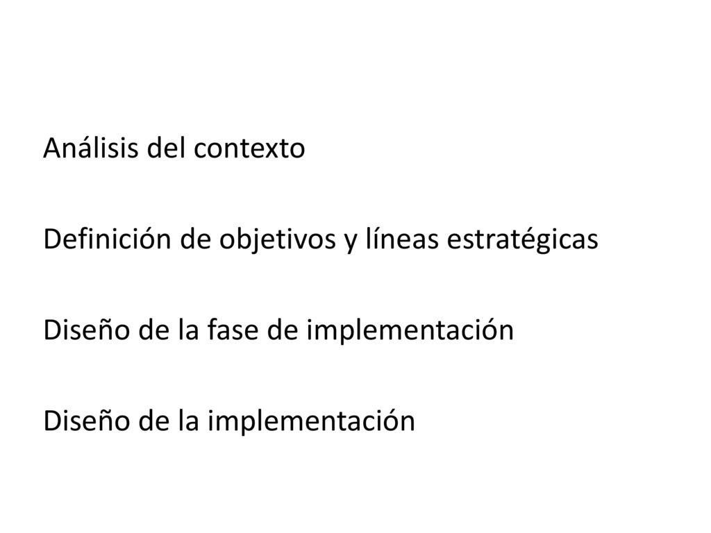 Análisis del contexto Definición de objetivos y líneas estratégicas Diseño de la fase de implementación Diseño de la implementación