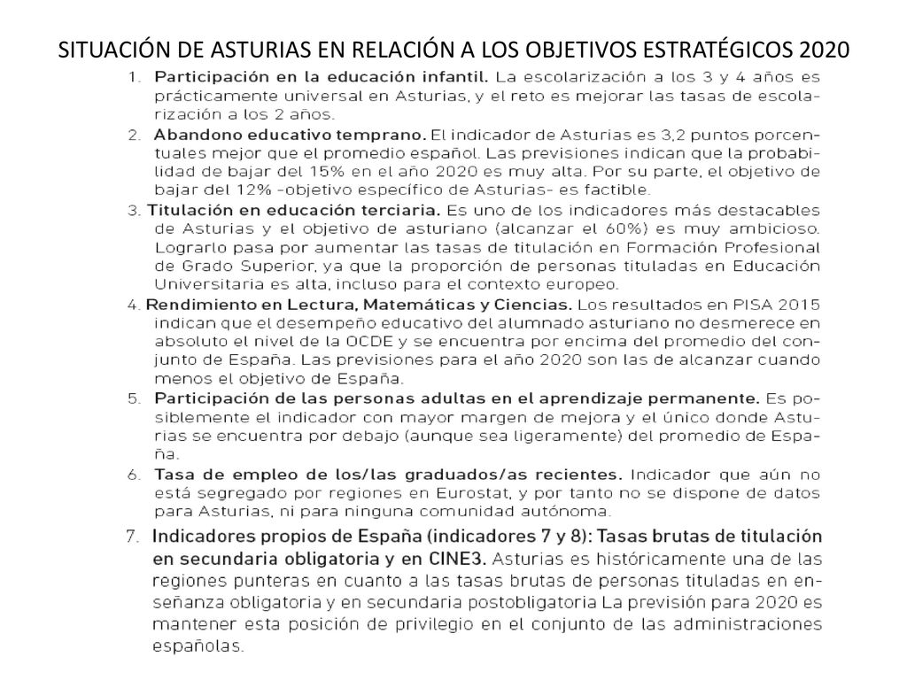 SITUACIÓN DE ASTURIAS EN RELACIÓN A LOS OBJETIVOS ESTRATÉGICOS 2020