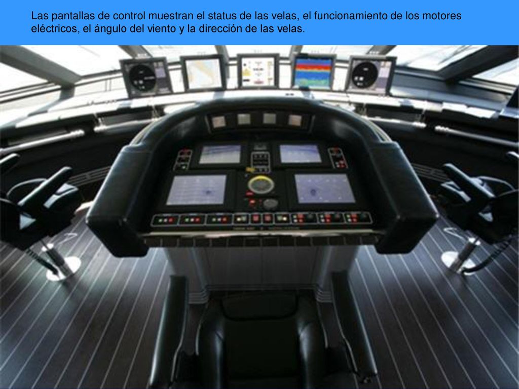 Las pantallas de control muestran el status de las velas, el funcionamiento de los motores eléctricos, el ángulo del viento y la dirección de las velas.