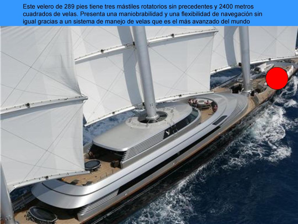Este velero de 289 pies tiene tres mástiles rotatorios sin precedentes y 2400 metros cuadrados de velas.