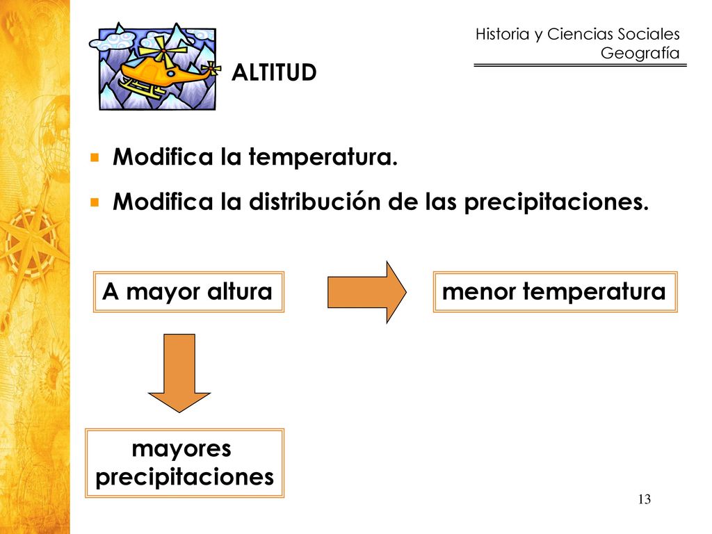 ALTITUD Modifica la temperatura. Modifica la distribución de las precipitaciones. A mayor altura.