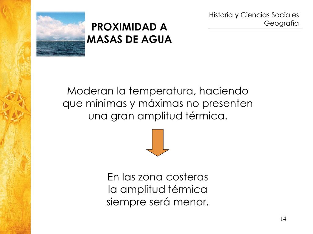 PROXIMIDAD A MASAS DE AGUA. Moderan la temperatura, haciendo que mínimas y máximas no presenten una gran amplitud térmica.