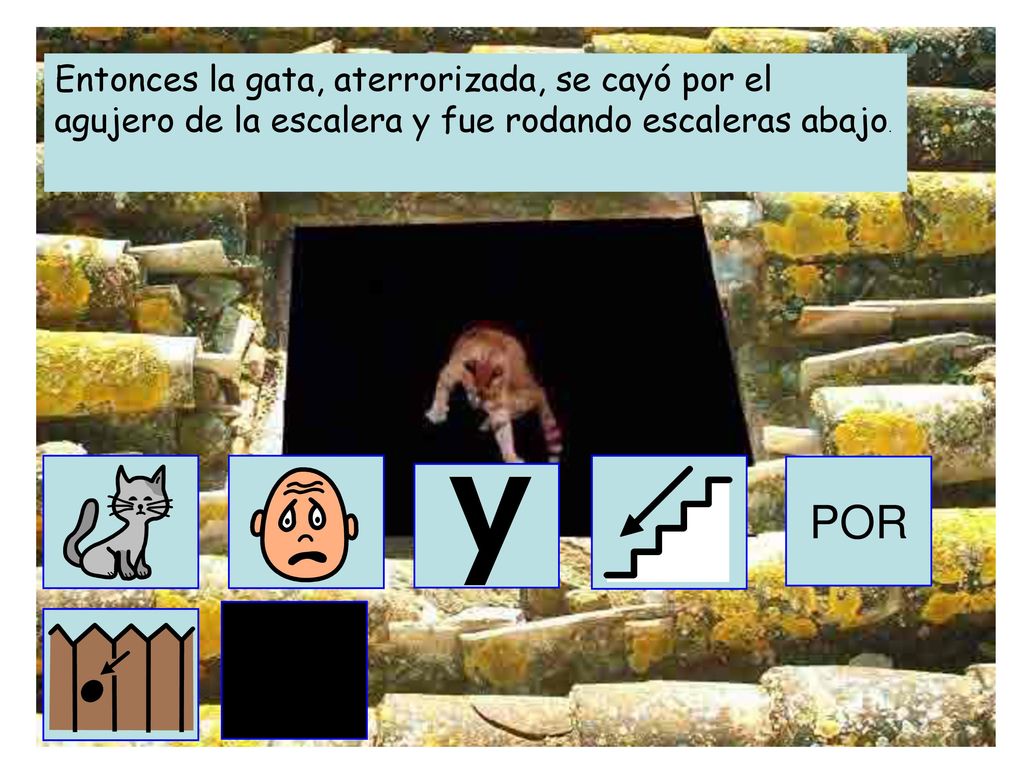 Entonces la gata, aterrorizada, se cayó por el agujero de la escalera y fue rodando escaleras abajo.