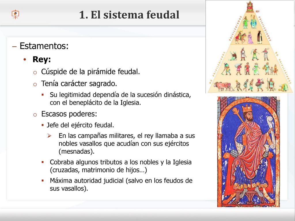1. El sistema feudal Estamentos: Rey: Cúspide de la pirámide feudal.