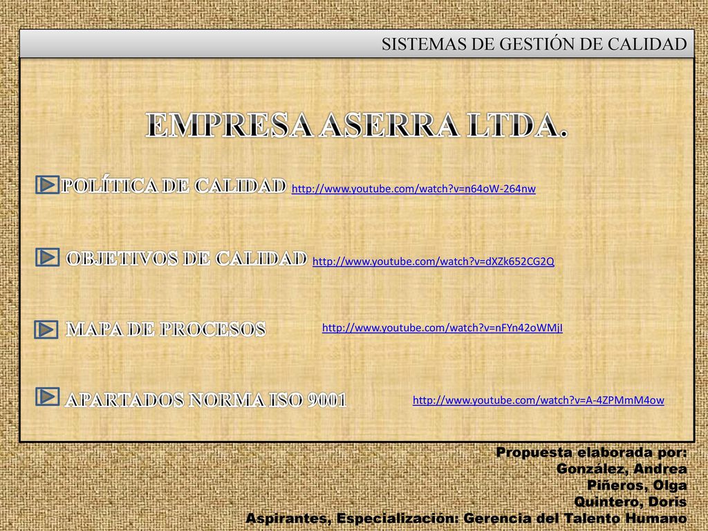 EMPRESA ASERRA LTDA. POLÍTICA DE CALIDAD   v=n64oW-264nw. OBJETIVOS DE CALIDAD   v=dXZk652CG2Q.