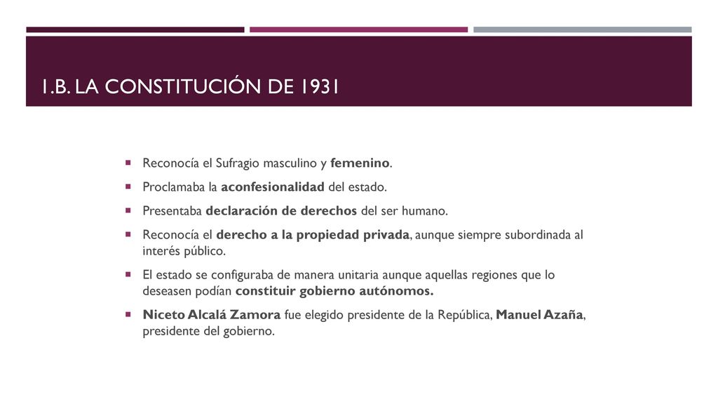 1.b. La Constitución de 1931 Reconocía el Sufragio masculino y femenino. Proclamaba la aconfesionalidad del estado.