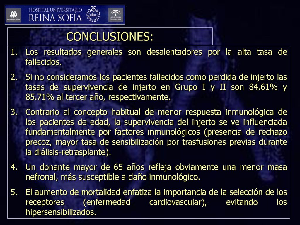 CONCLUSIONES: Los resultados generales son desalentadores por la alta tasa de fallecidos.