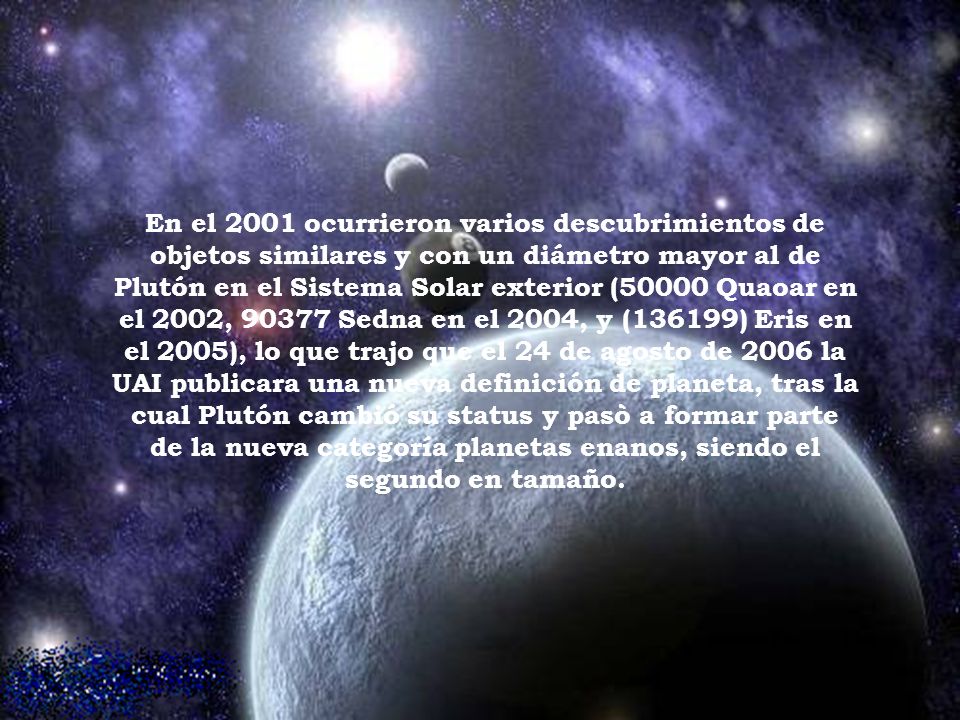 En el 2001 ocurrieron varios descubrimientos de objetos similares y con un diámetro mayor al de Plutón en el Sistema Solar exterior (50000 Quaoar en el 2002, Sedna en el 2004, y (136199) Eris en el 2005), lo que trajo que el 24 de agosto de 2006 la UAI publicara una nueva definición de planeta, tras la cual Plutón cambió su status y pasò a formar parte de la nueva categoría planetas enanos, siendo el segundo en tamaño.
