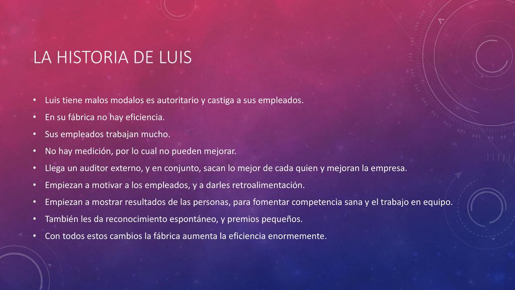 La historia de luis Luis tiene malos modalos es autoritario y castiga a sus empleados. En su fábrica no hay eficiencia.