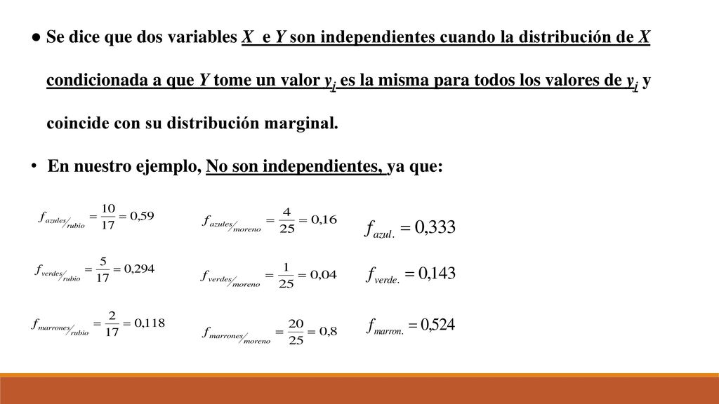 ● Se dice que dos variables X e Y son independientes cuando la distribución de X condicionada a que Y tome un valor yj es la misma para todos los valores de yj y coincide con su distribución marginal.