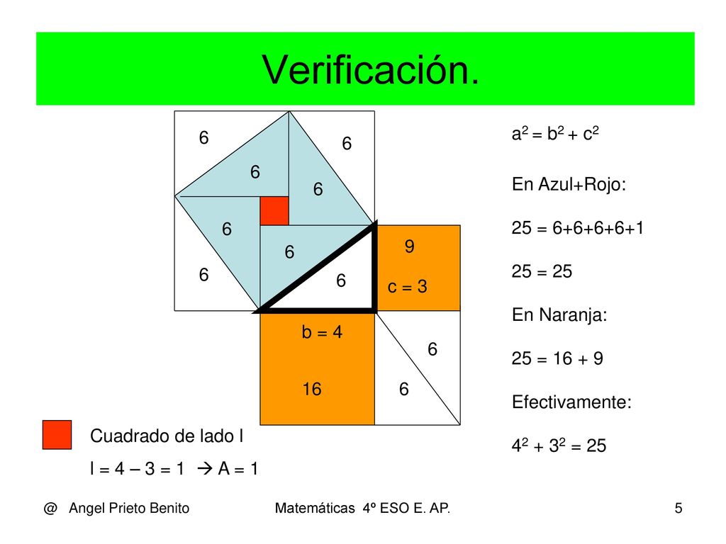 Verificación. a2 = b2 + c2 6 6 En Azul+Rojo: 6 25 =